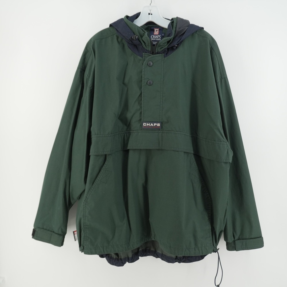 Chaps Ralph Lauren Anorak Mens XL Green Hooded Plaid Lined 1/4 Zip Windbreaker